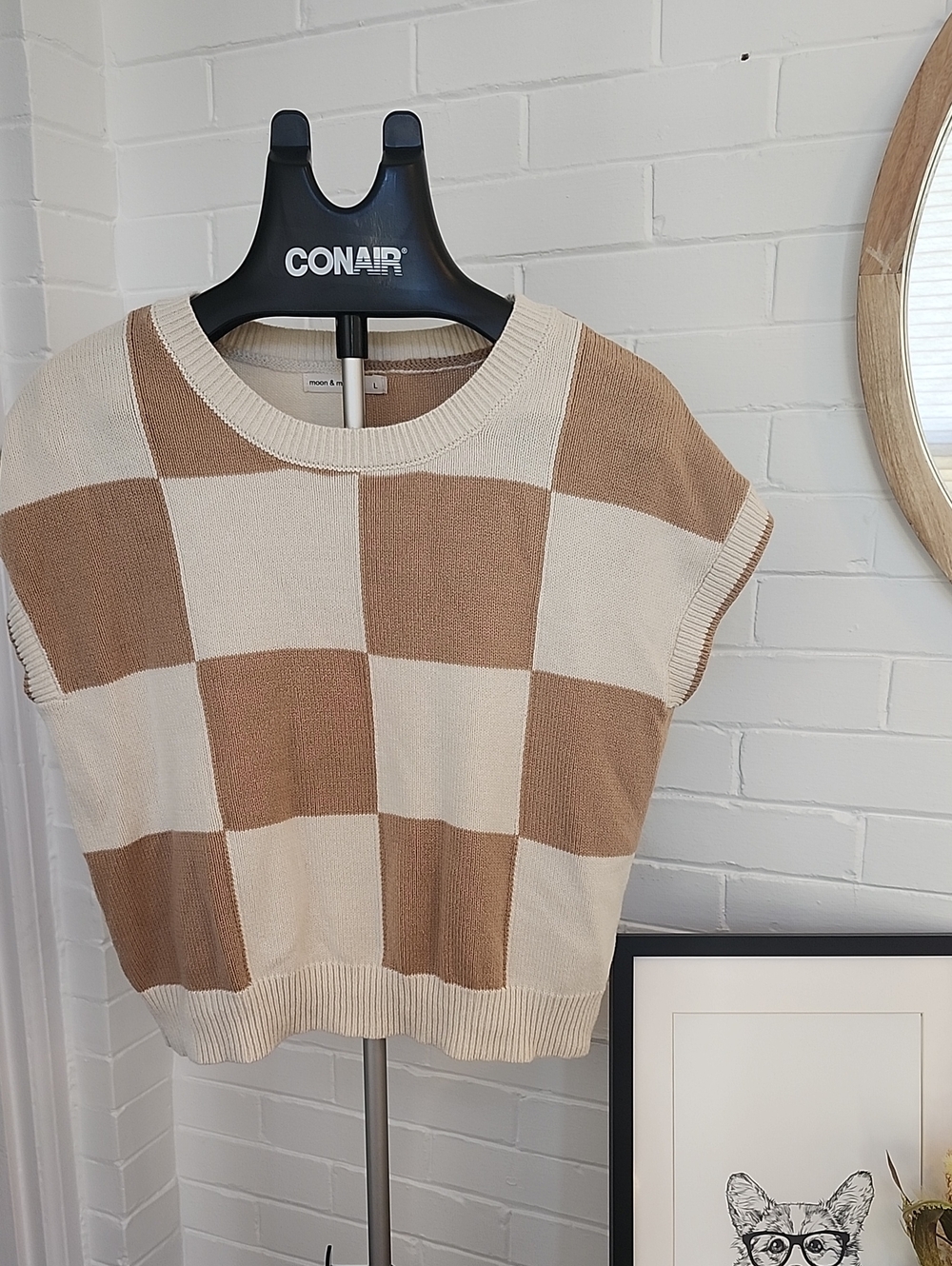 Tan & Cream Check Knit Top, Large